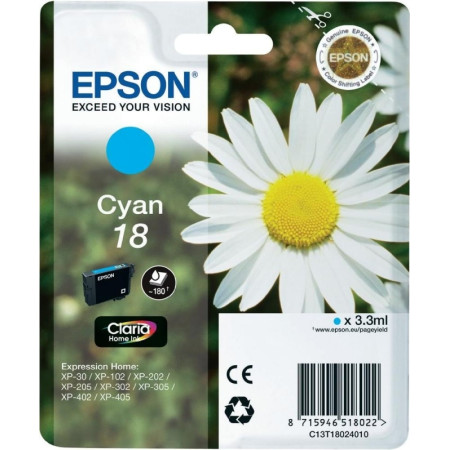 Cartus Cerneala Original Epson Cyan, T1802, pentru XP102|202|205|302|305|402|405, , (timbru verde 0.15 lei),  "C13T18024010"