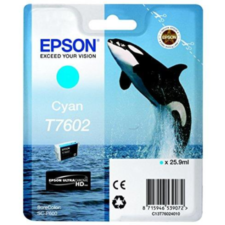 Cartus Cerneala Original Epson Cyan, T7602, pentru Epson SureColor SC-P600, 25.9ml, (timbru verde 0.15 lei),  "C13T76024010"