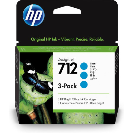 Tri-Pack Original HP Cyan, nr.712, pentru DesignJet Studio 24|Studio 36|T230|T250|T630|T650, 29ml, (timbru verde 0.45 lei), "3ED